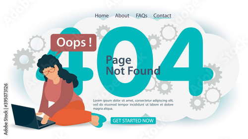 oops 404 error page not found banner Internet connection problems girl with laptop cant connect for websites and mobile apps Flat vector illustration