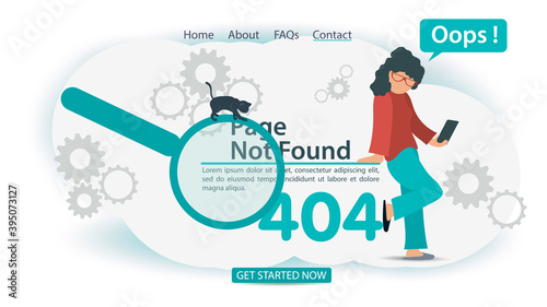 oops 404 error page not found banner Internet connection problems girl with phone cant connect for websites and mobile apps Flat vector illustration