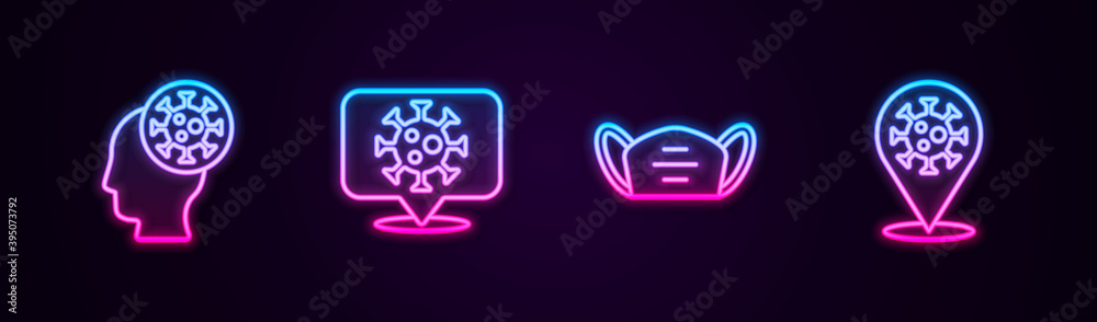 Set line Human and virus, Corona on location, Medical protective mask and 2019-nCoV. Glowing neon icon. Vector. Set line Human and virus, Corona on location, Medical protective mask and 2019-nCoV. Glowing neon icon. Vector.