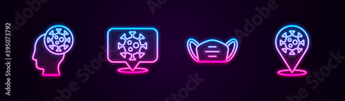Set line Human and virus, Corona on location, Medical protective mask and 2019-nCoV. Glowing neon icon. Vector.
