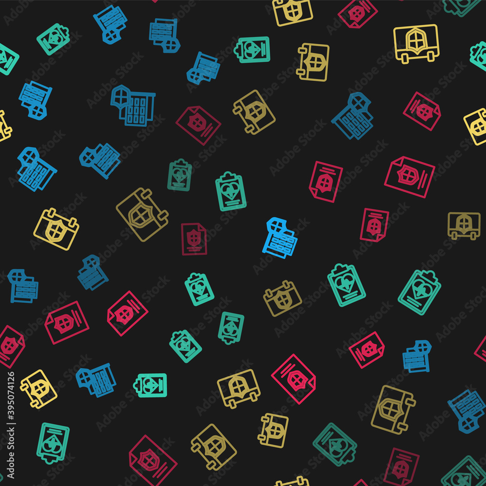 Set line House with shield, Health insurance, Calendar and Contract on seamless pattern. Vector. Set line House with shield, Health insurance, Calendar and Contract on seamless pattern. Vector.