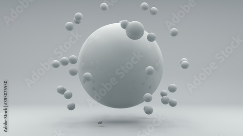 3D rendering of a perfect white ball on a white background. Above the sphere are white balls at different distances. Abstract illustration of a perfect combination of geometric bodies.