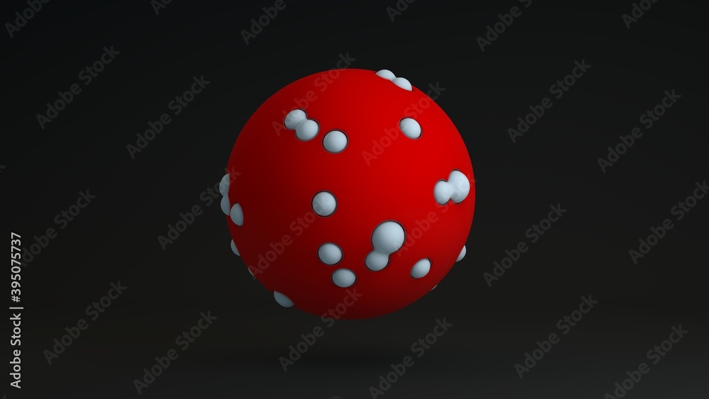 3D rendering of a red perfect ball on a black background. The sphere is covered with white balls that are pressed into its surface. Abstract illustration of a perfect combination of geometric bodies. 3D rendering of a red perfect ball on a black background. The sphere is covered with white balls that are pressed into its surface. Abstract illustration of a perfect combination of geometric bodies.