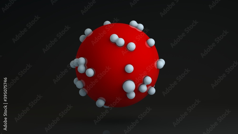3D rendering of a red perfect ball on a black background. Above the red sphere, white balls at different distances. Abstract illustration of a perfect combination of geometric bodies. 3D rendering of a red perfect ball on a black background. Above the red sphere, white balls at different distances. Abstract illustration of a perfect combination of geometric bodies.