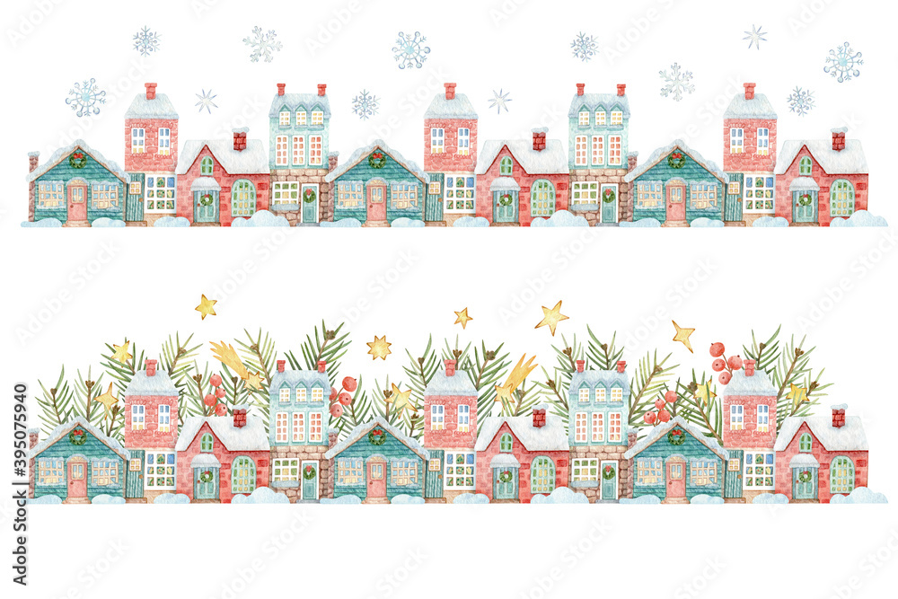 Set of hand drawn watercolor borders with Christmas houses, winter berries, snowflakes, fir branches, stars. Winter composition for decoration, design, greeting cards, prints, stickers and more.