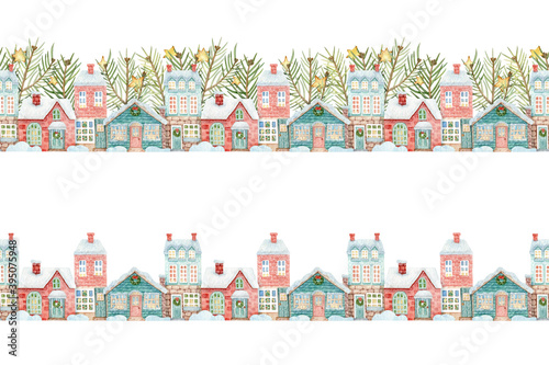 Set of watercolor seamless borders with Christmas houses, fir branches and stars. Hand-drawn winter pattern for decoration, design, banners, decorative tape, textiles and more.