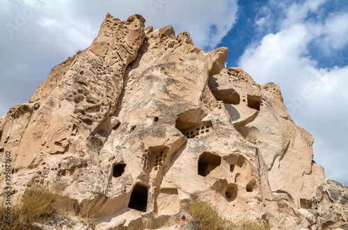 Ancient natural rock castle of Uchisar riddled with tunnels is highest point in Cappadocia  Nevsehir Province  Turkey