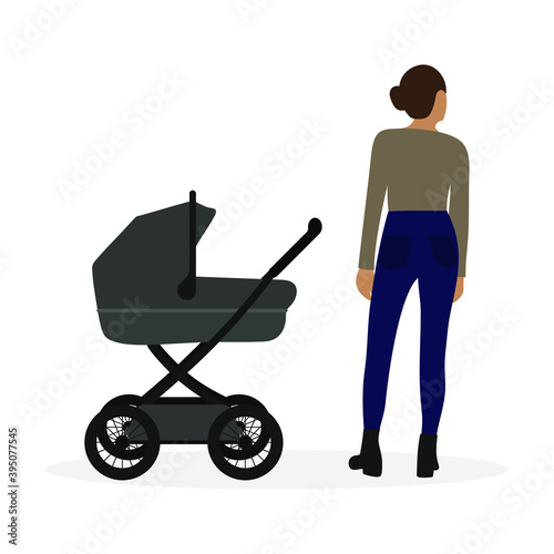 Female character stands looking away from a baby carriage on a white background