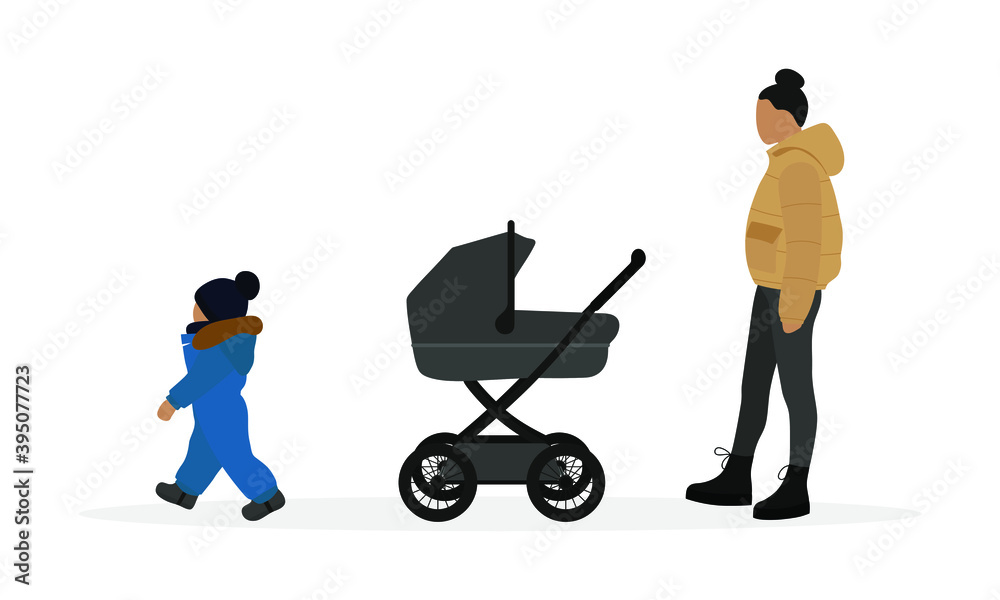 Female character with baby carriage and small child on white background Female character with baby carriage and small child on white background