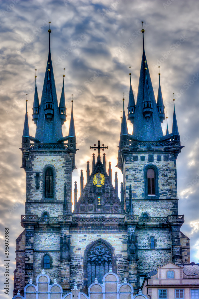 Church of Our Lady before Tyn facade at sunrise, Prague, Czech Republic