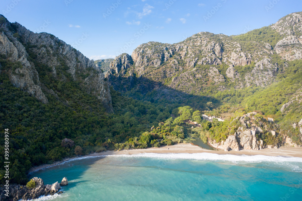 The sea and beach of Olympos (Olimpos) historic ancient city Hellenistic Roman Byzantine period. Kemer, Antalya, Turkey. Air view