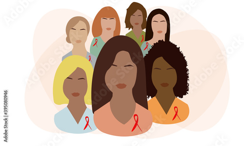 Women with red ribbons on their chests. Women together. Community of support for HIV-infected people. World aids day. Vector illustration.