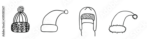 Winter hats hand drawn illustration. Headwear set. Knitted and Santa hat. Cold weather head protection.