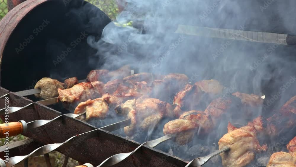 Delicious grilled meat on metal skewers with burning charcoal. Delicious grilled meat on metal skewers with burning charcoal.