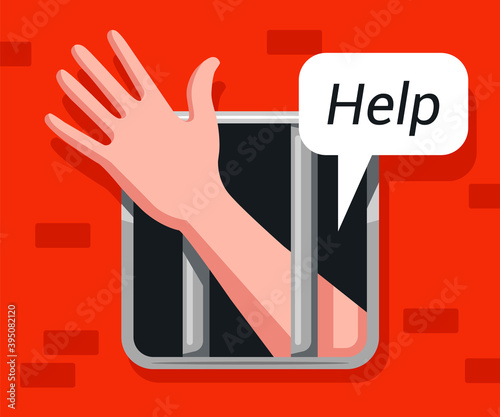 a prisoner reaches out his hand from a prison cell and asks for help. flat vector illustration.