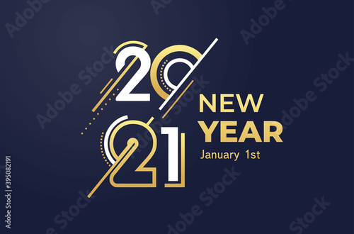 2021 Happy New Year gold color logo text design. 2021 number design template. Lettering of 2021 symbol. Dark background