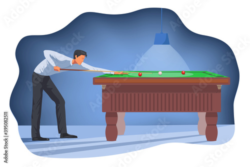 Man plays billiards. Young male with a cue in his hands stands on the side of the snooker table. The player bent down and aimes to hit the ball. Vector flat design illustration of snooker game process photo