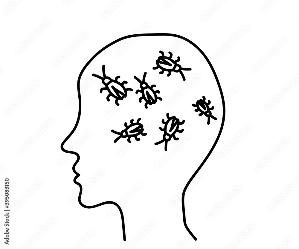 Cockroaches in my head. Human profile on a white background. Vector illustration. Cockroaches in my head. Human profile on a white background. Vector illustration.