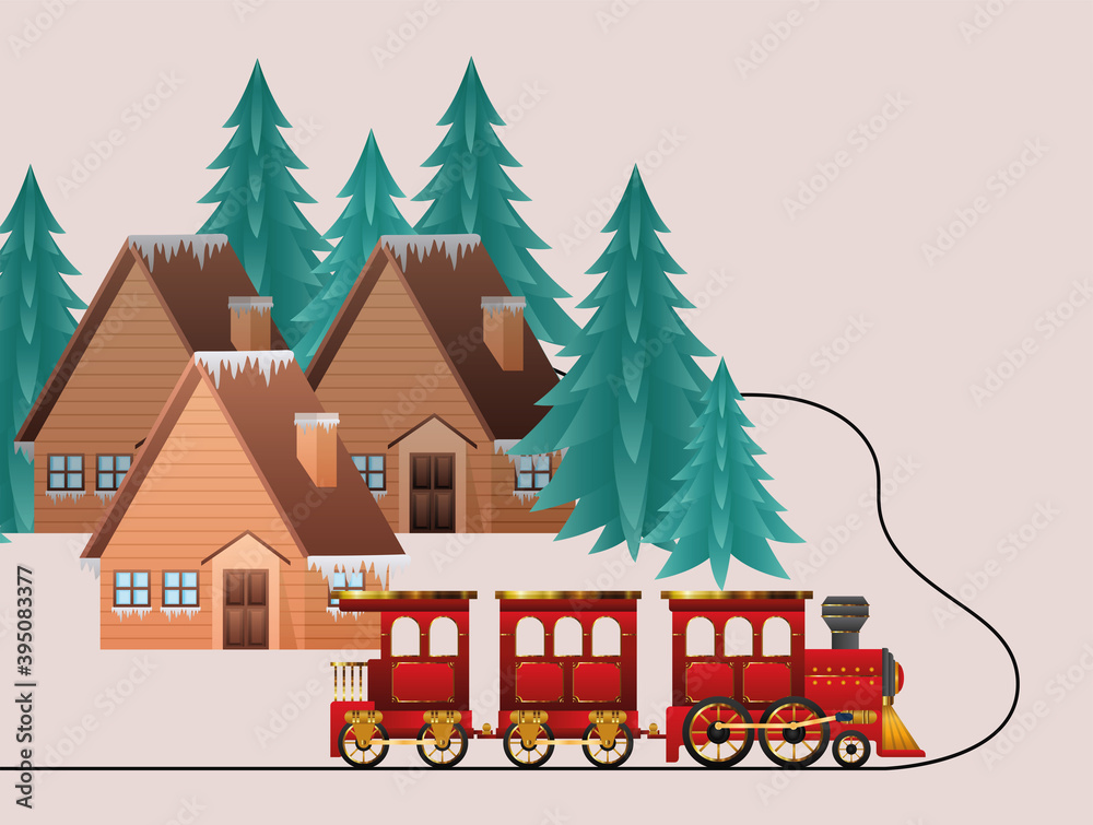 merry christmas houses train and pine trees vector design