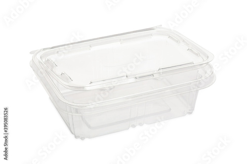 Disposable plastic transparent lunch box on white background. © Roman Rvachov