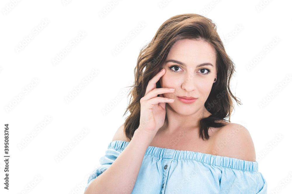 Young girl looking in camera, head and shoulders concept, isolated on white background. Front view. Beautiful attractive woman Young girl looking in camera, head and shoulders concept, isolated on white background. Front view. Beautiful attractive woman