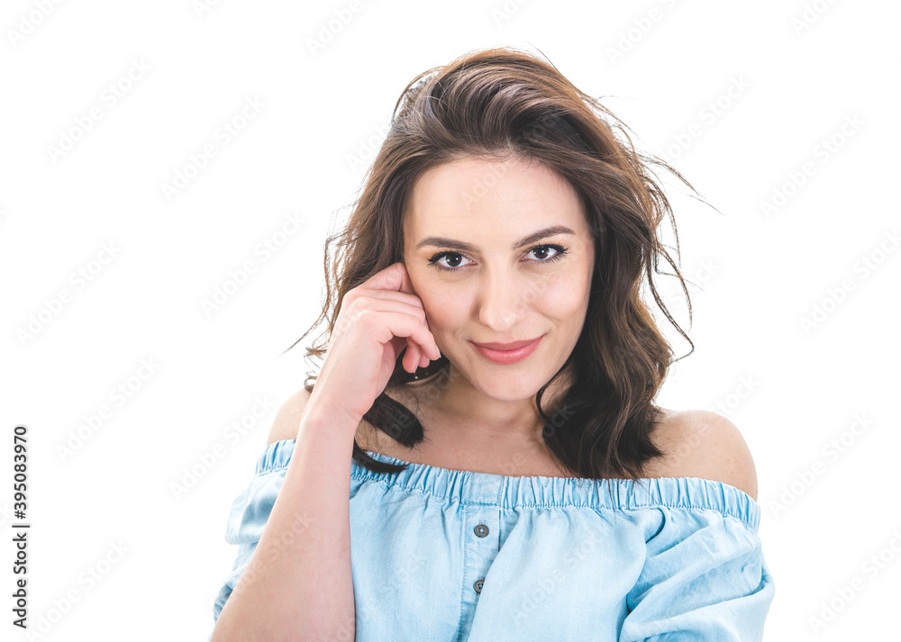 Head shot of young beautiful girl, isolated on white background. Close up brunette woman Head shot of young beautiful girl, isolated on white background. Close up brunette woman
