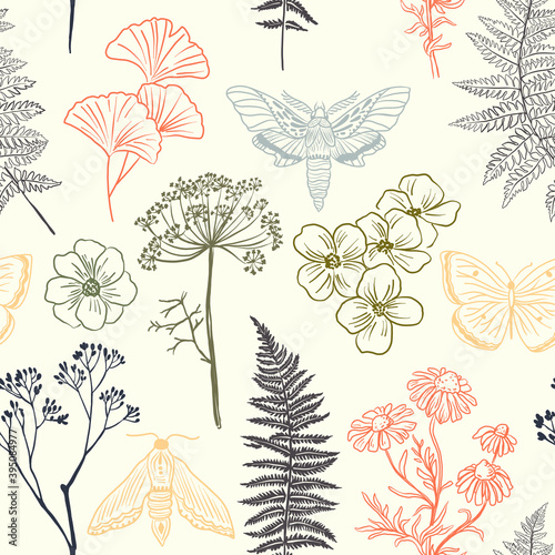 Moths, butterfly and grass seamless pattern. Hand-painted texture with Botanical elements: plants, flowers, grass, berries, fern, leaves. Natural repeating background