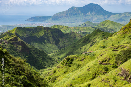Mountainous green Santiago Island landscape in rain season in Cape Verde photo