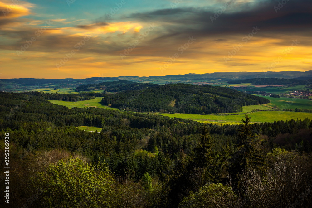 Panorama of aerial view at sunset over Czech countryside.