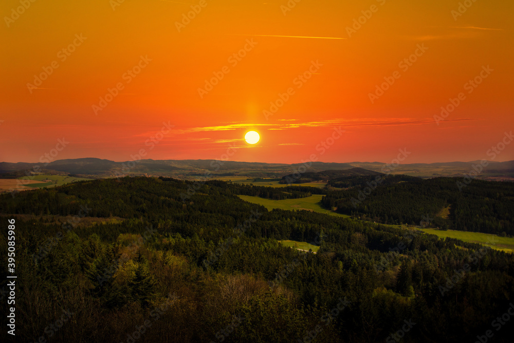 Panorama of aerial view at sunset over Czech countryside.