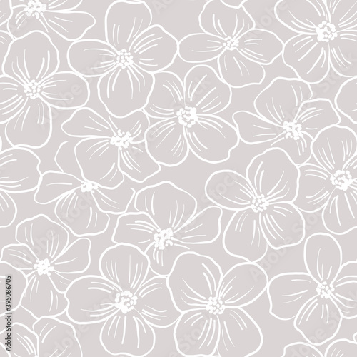 Contoured floral seamless pattern. Simple minimalistic style. Blossoming branches of trees. Outline of flowers. Symbol of spring. © Anna
