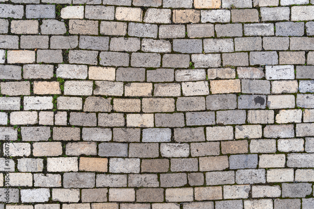 Stone cobble pattern on a street or pavement, grey granite material texture Stone cobble pattern on a street or pavement, grey granite material texture