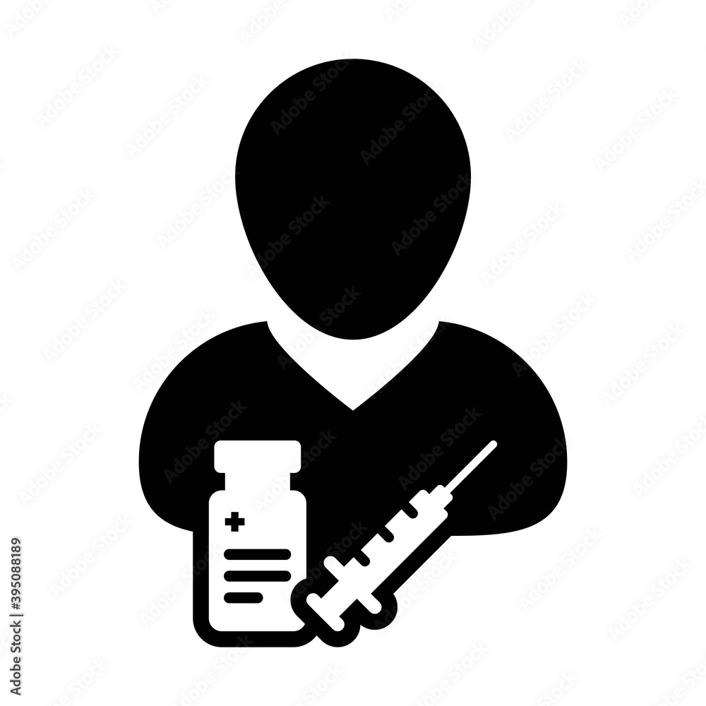 Vaccine user icon vector with syringe male person profile avatar symbol for medical and healthcare treatment in a glyph pictogram illustration Vaccine user icon vector with syringe male person profile avatar symbol for medical and healthcare treatment in a glyph pictogram illustration