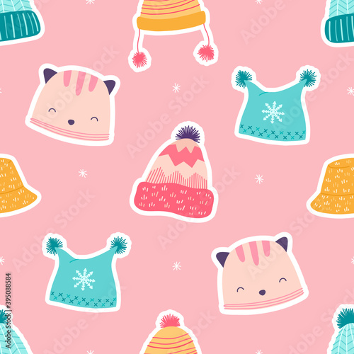 Seamless pattern winter hats. Cartoon background for packaging, fabrics, wallpapers, textiles. Vector illustration