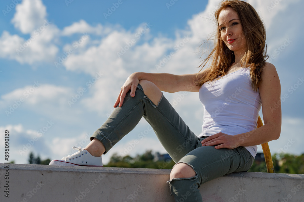Girl casual clothing relaxing outdoor Girl casual clothing relaxing outdoor