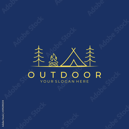 camping logo vector illustration template design, campfire and trees on forest, adventure life style