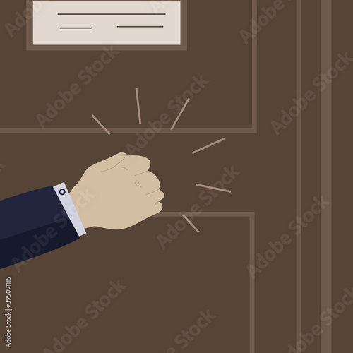 The man's hand knocks on the door. Request for permission to enter the room. The businessman's insistent knock. Vector illustration.


