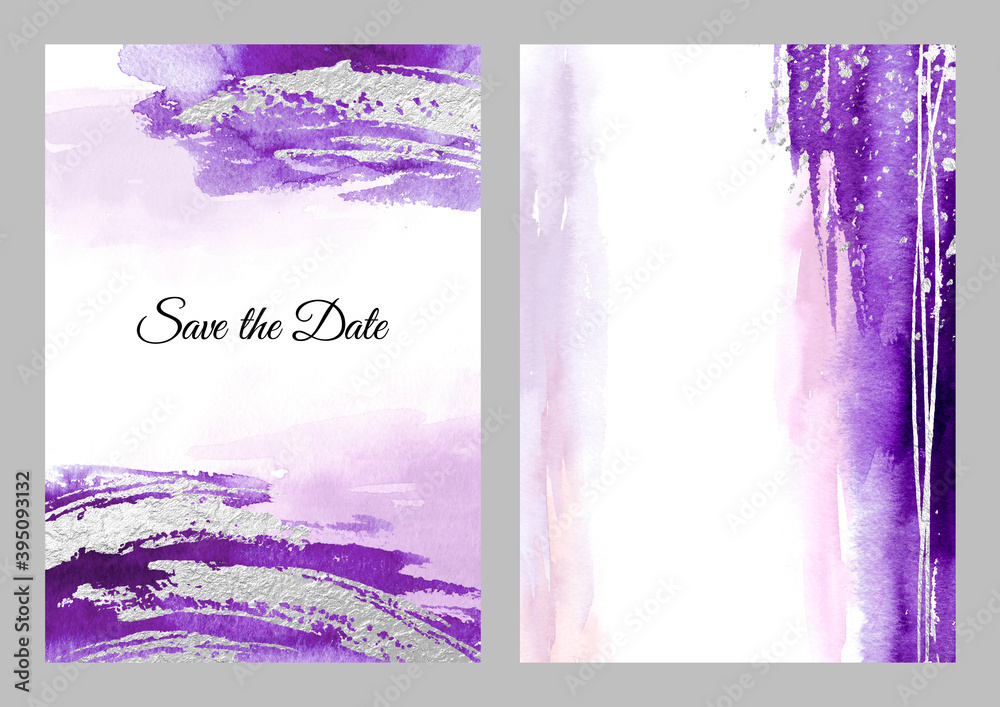 Purple with silver vertical background and template set for posters and  Birthday, wedding, invitation, business cards, Hand drawn watercolor  illustration Stock Illustration | Adobe Stock