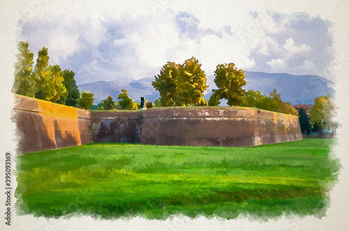 Watercolor drawing of Defensive brick city wall, grass green lawn, trees and Tuscany hills