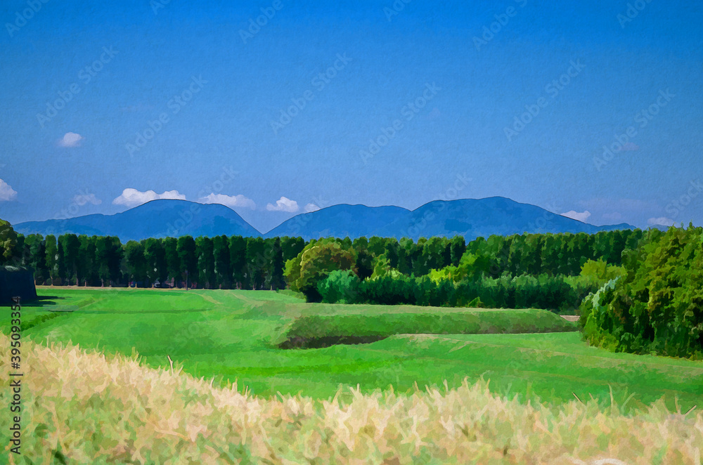 Obraz premium Watercolor drawing of View of grass green field, trees and Tuscany hills