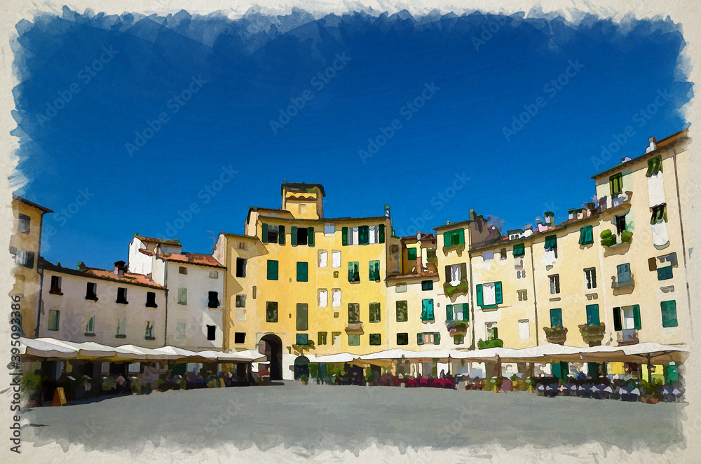 Watercolor drawing of Piazza dell Anfiteatro square in circus yard of medieval town Lucca historical centre