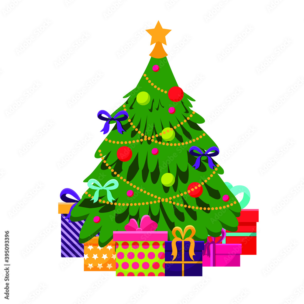 Vector illustration. Christmas tree. there are several different boxes with gifts under the tree. Vector illustration. Christmas tree. there are several different boxes with gifts under the tree.
