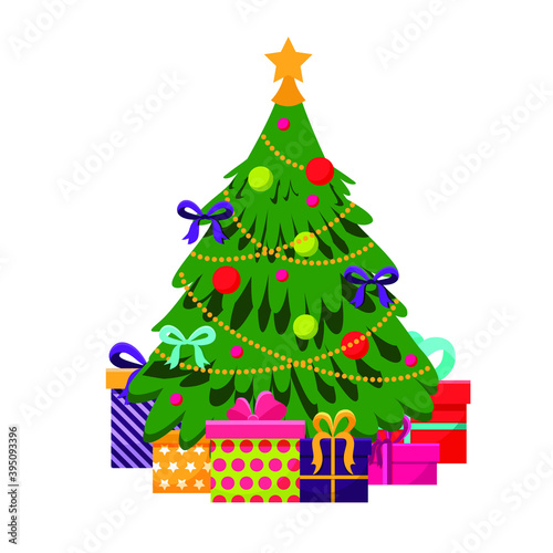 Vector illustration. Christmas tree. there are several different boxes with gifts under the tree.