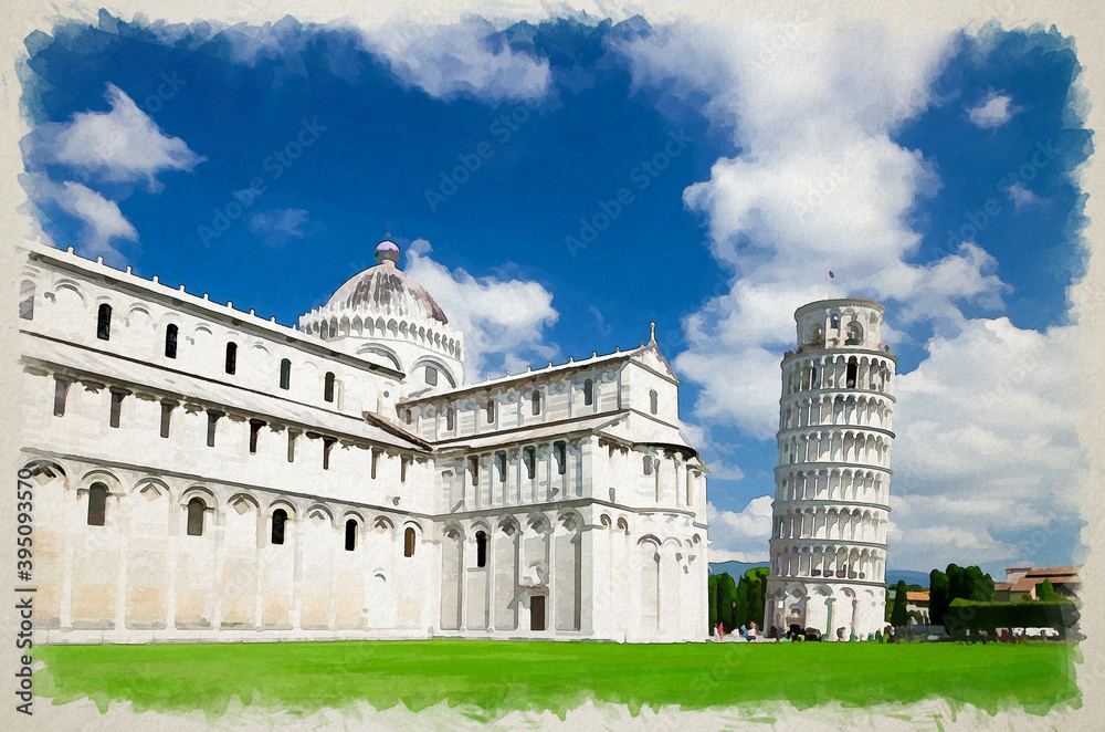 Watercolor drawing of Pisa Cathedral Duomo Cattedrale and Leaning Tower Torre on Piazza del Miracoli square