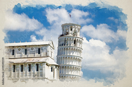 Watercolor drawing of Pisa Cathedral Duomo Cattedrale and Leaning Tower