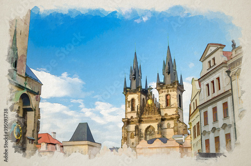 Sticker Watercolor drawing of Prague Old Town Square Stare Mesto historical centre