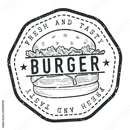 Burger Food Stamp Retro Postmark. Silhouette Postal Passport. Seal Round Vector Icon. Badge Vintage Postage Design.