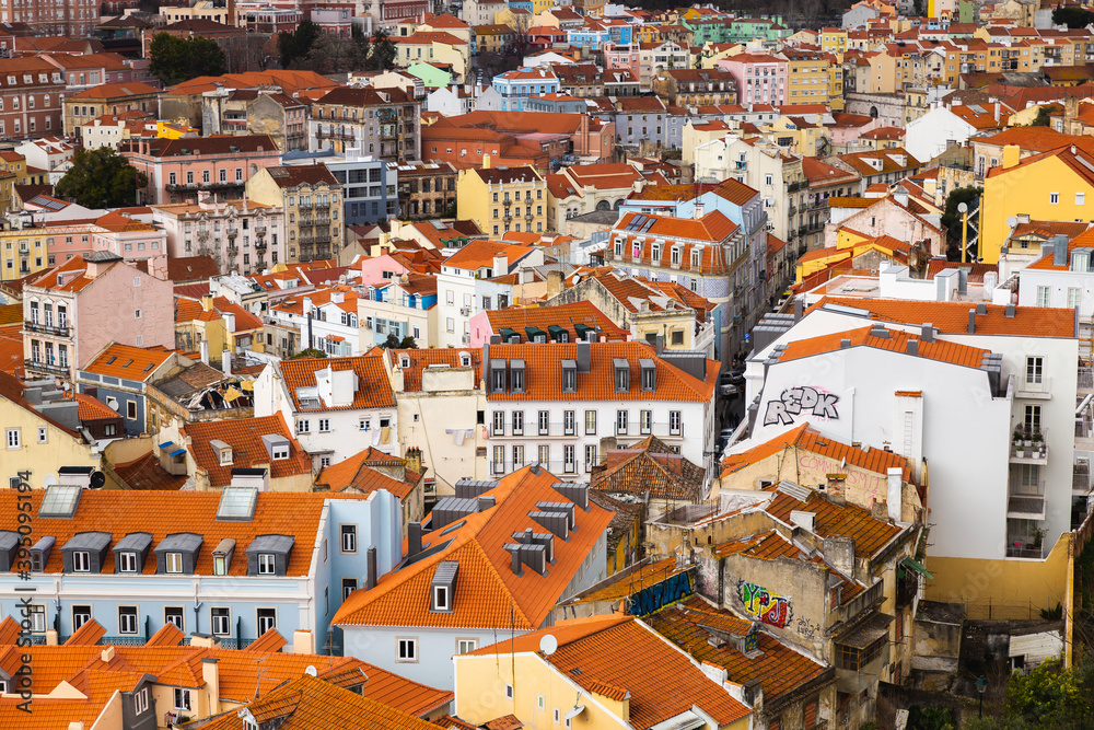 view over the capital of Portugal Lisbon Lisboa white buildings with orange roofs 