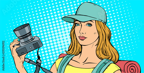 Beautiful girl with a tourist backpack and a camera in hand. On the head is a baseball cap. Travel and adventure. Vector illustration in pop art style.