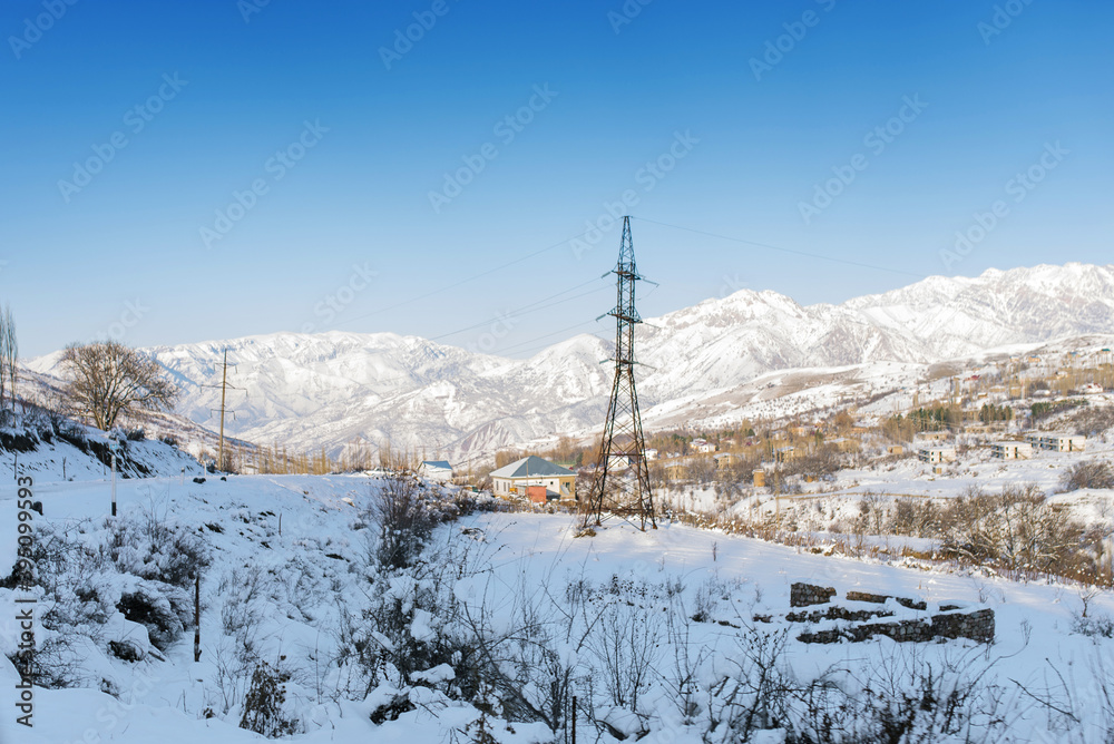 Winter mountain landscape of the Tianshan mountain system in Uzbekistan. Along the road to Tashkent